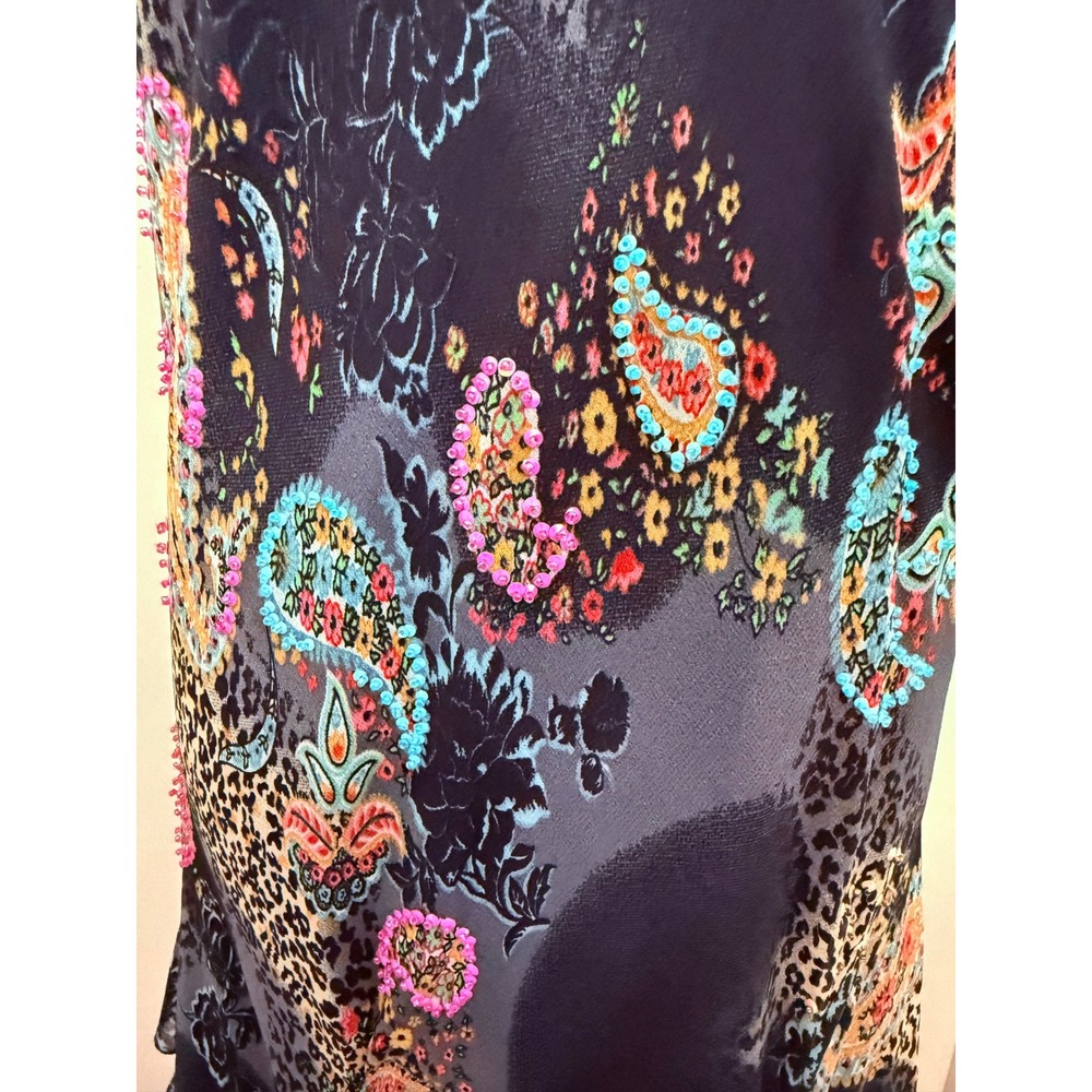 LP Oggi Stile Italiana Maxi Dress L Paisley Leopard Ruffle Chiffon Beaded Black - Picture 6 of 7